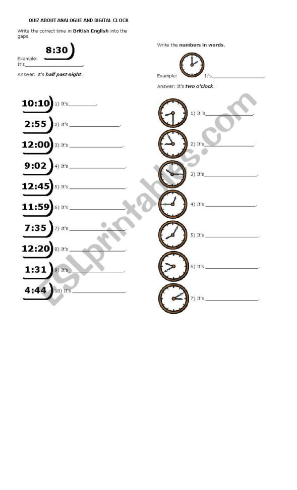 The Clock Quiz  Esl Worksheetamsalgado30Hotmail