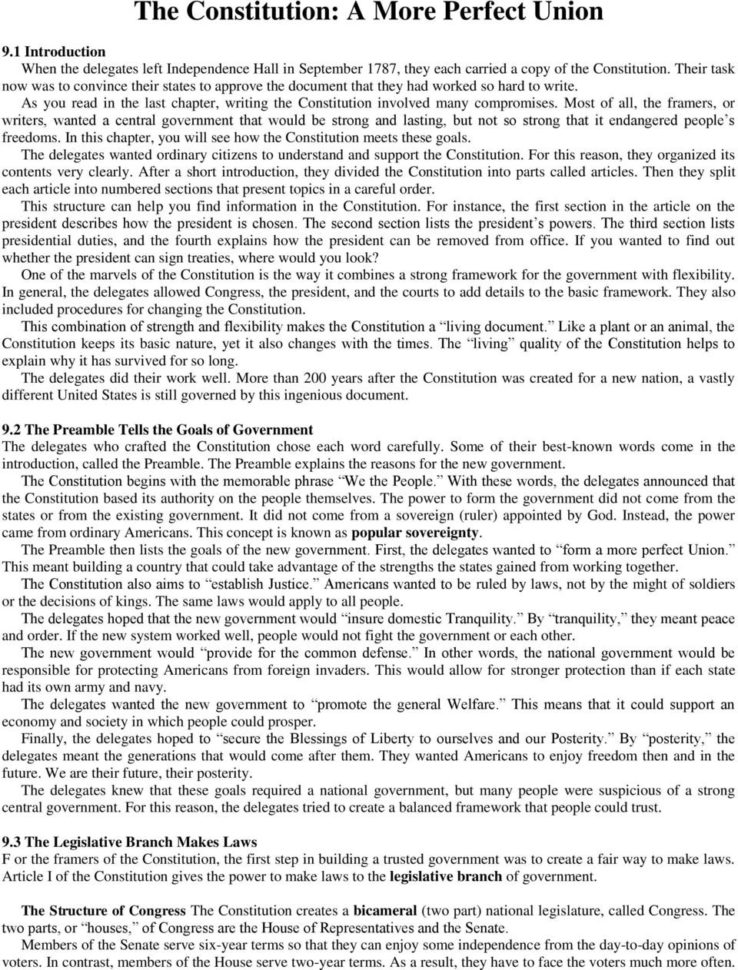 The Constitution A More Perfect Union  Pdf