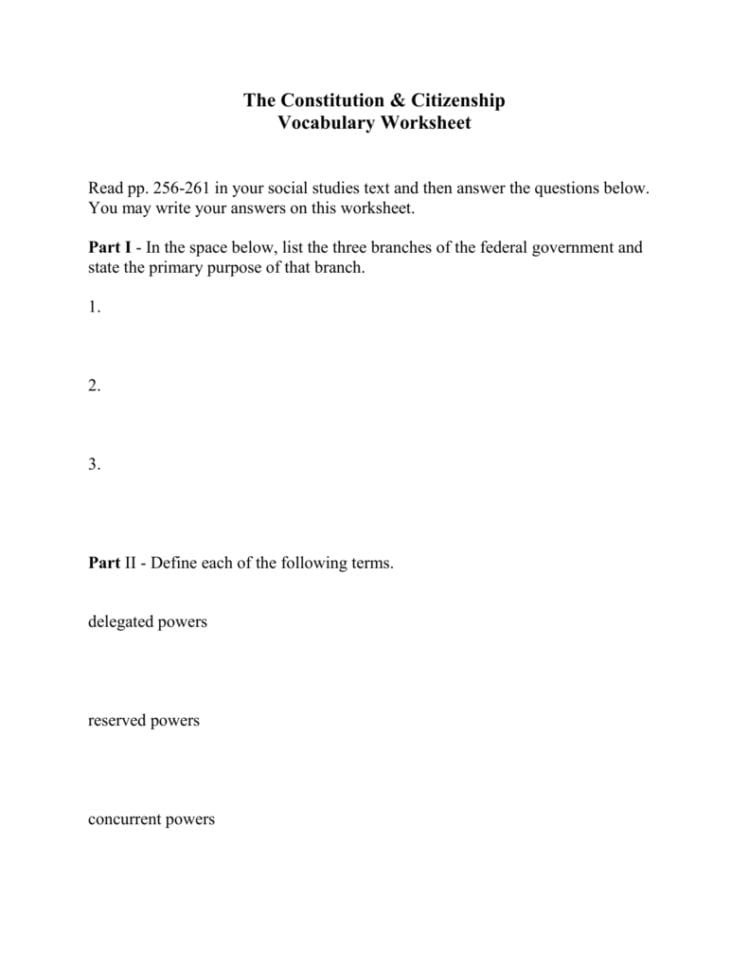 The Constitution  Citizenship Vocabulary Worksheet