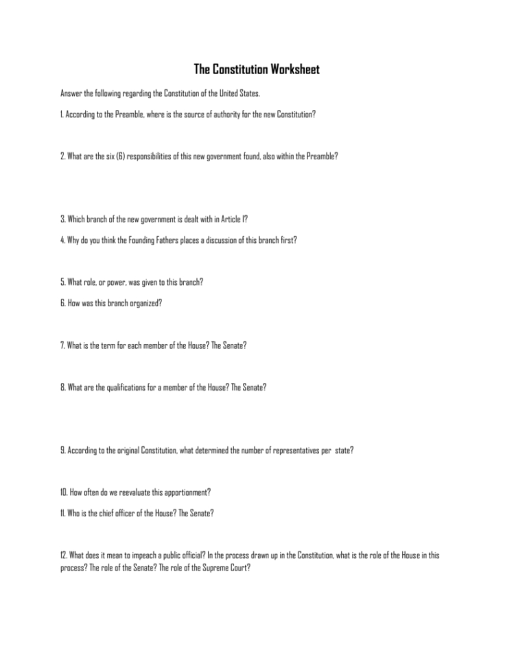 The Constitution Worksheet