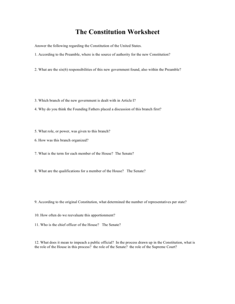 The Constitution Worksheet