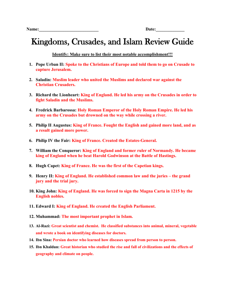 The Crusades Worksheet Answers