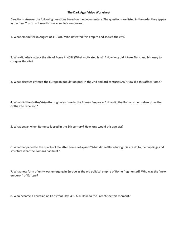 The Dark Ages Video Worksheet Directions Answer The Following