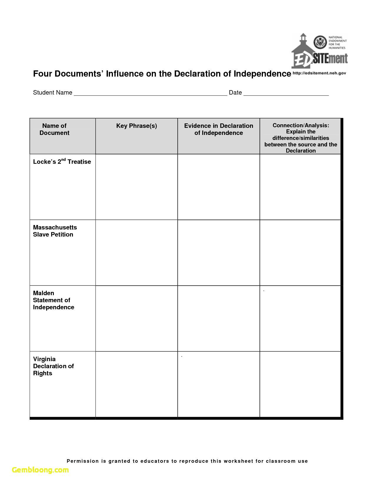Declaration Of Independence Worksheet Answers Db excel