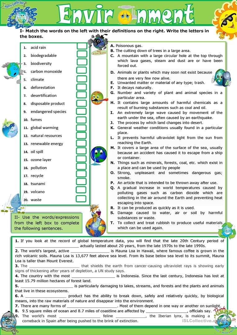 The Environment  Vocabulary Practice  English Esl Worksheets