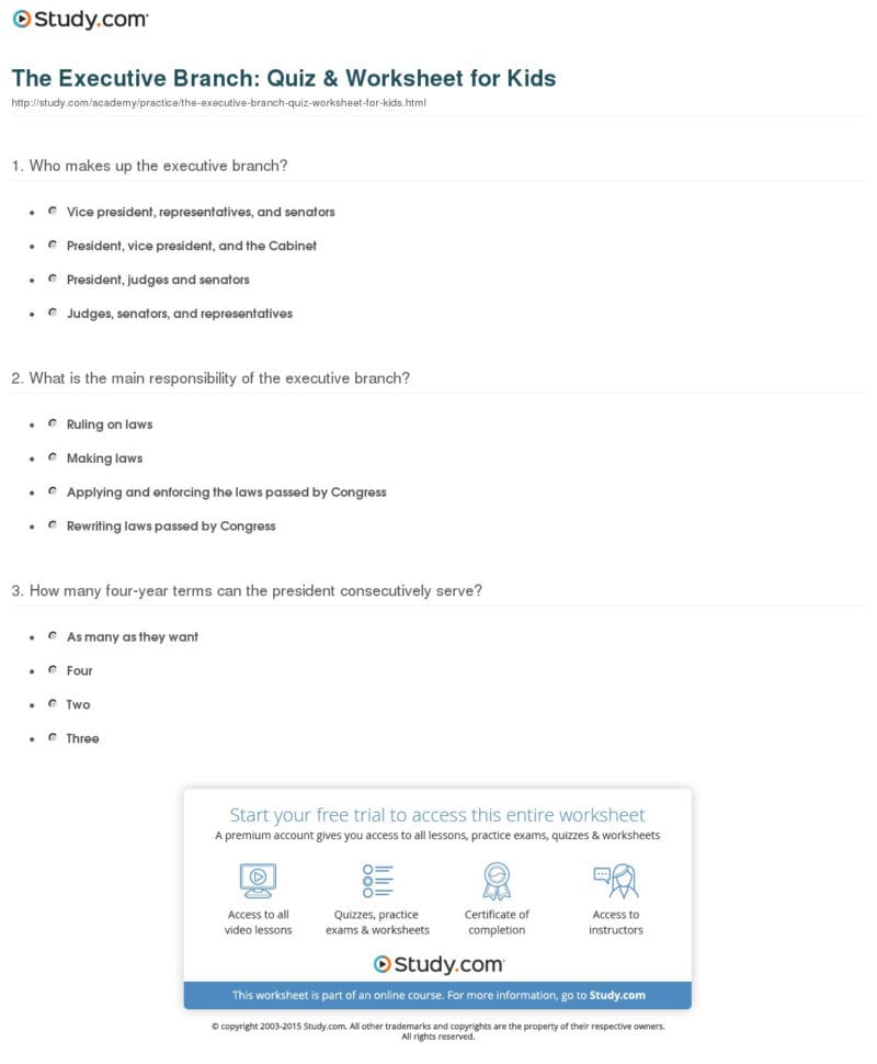 The Executive Branch Quiz  Worksheet For Kids  Study