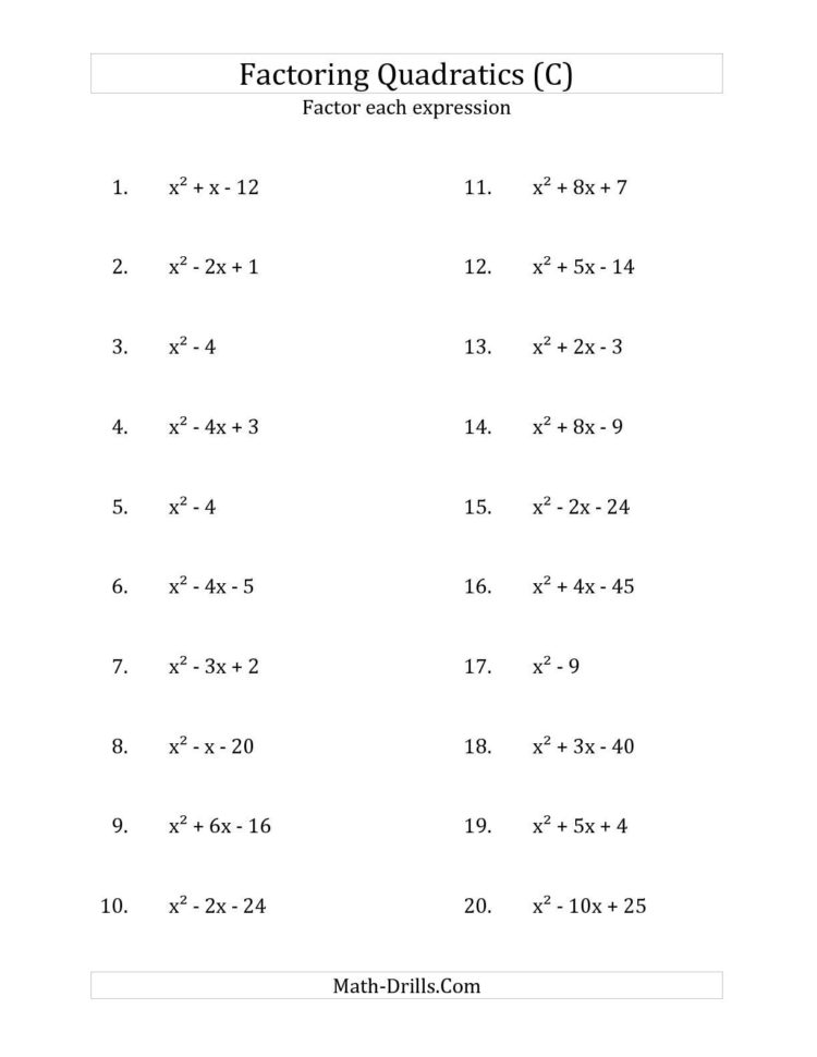 The Factoring Quadratic Expressions With A Coefficients Of 1 C Math