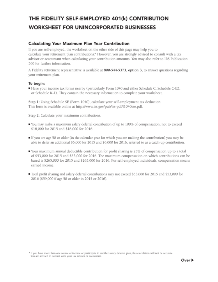 The Fidelity Selfemployed 401K Contribution Worksheet For