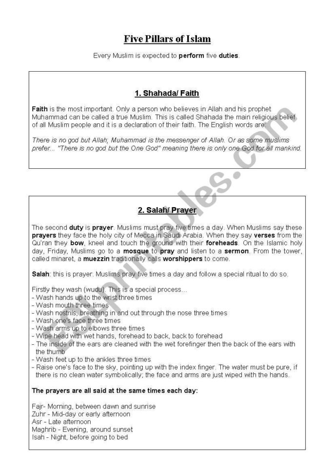 The Five Pillars Of The Islam  Esl Worksheetentea66