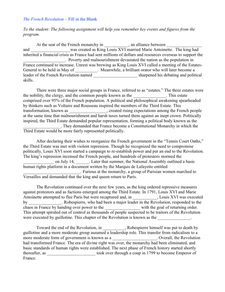 The French Revolution – Fill In The Blank