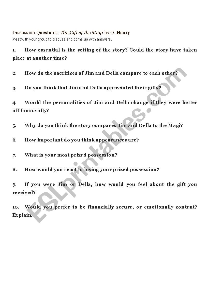 The Gift Of The Magi Discussion Questions  Esl Worksheet