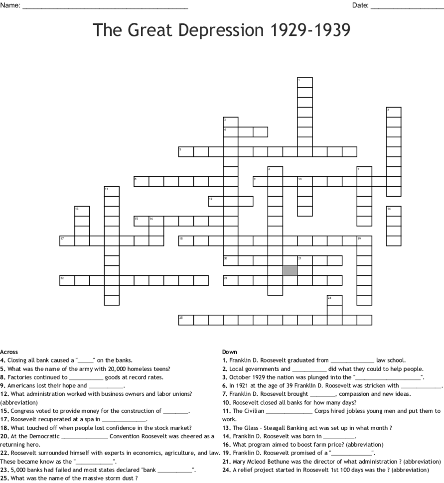The Great Depression 19291939 Crossword  Word