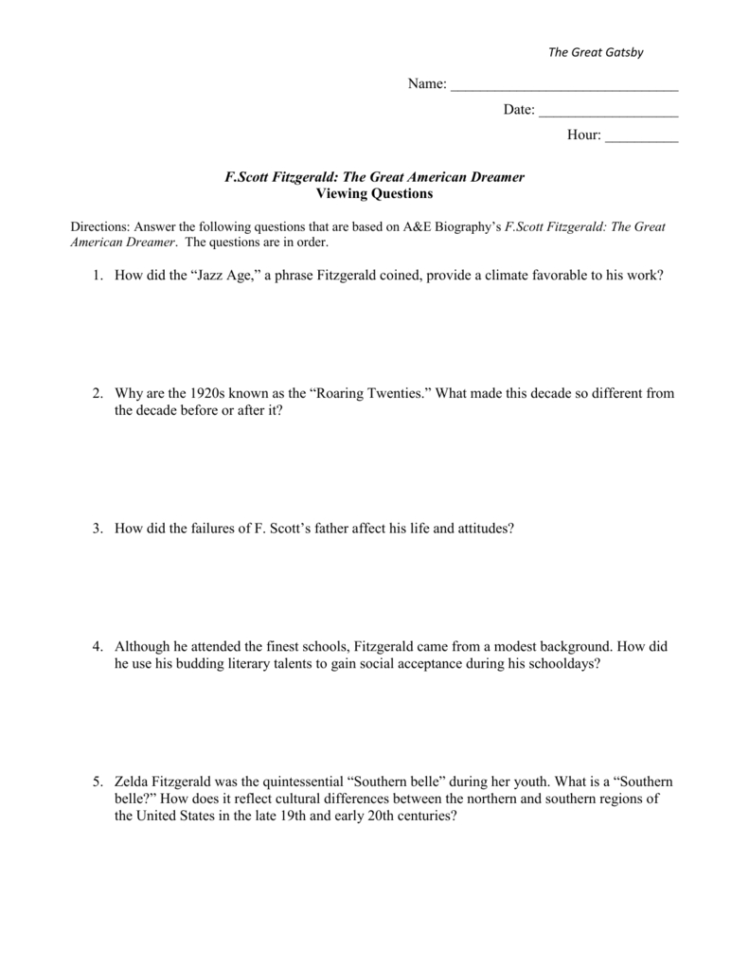 The Great Gatsby Name Date Hour  Fscott Fitzgerald