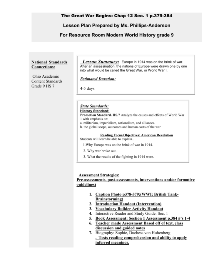 Chapter 11 Section 1 World War 1 Begins Worksheet Answers — db-excel.com