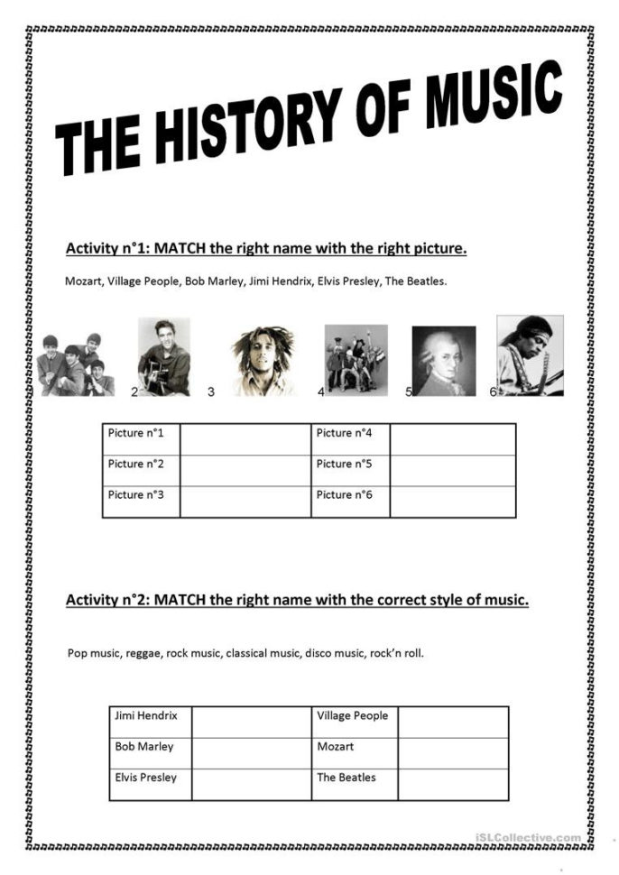 The History Of Music  English Esl Worksheets