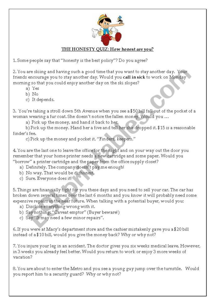 The Honesty Quiz  Esl Worksheetbrosell