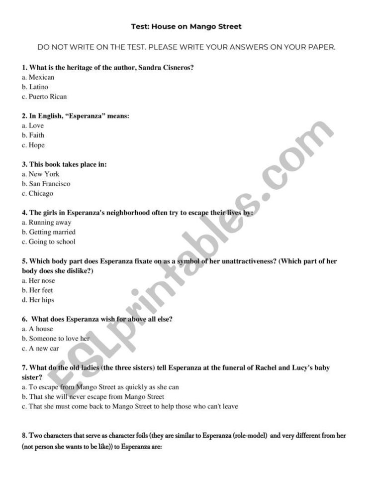 The House On Mango Street Final Test  Esl Worksheet