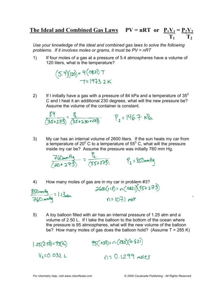 Gas Law Problems Worksheet