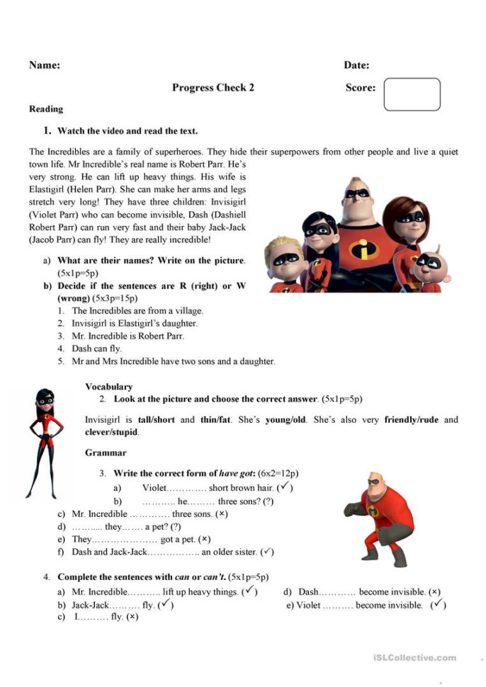The Incrediblesprogress Check  English Esl Worksheets