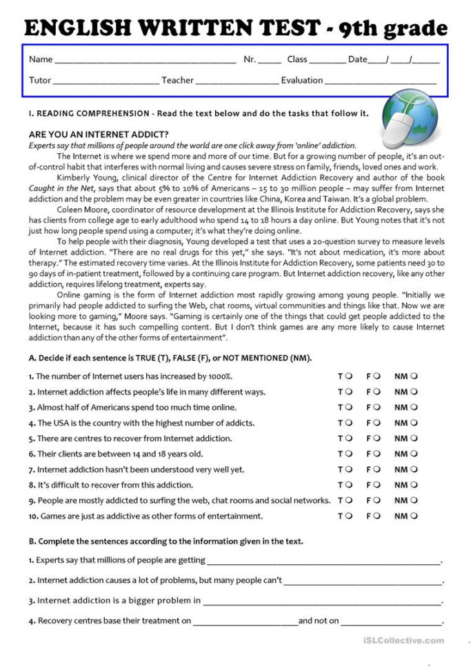 The Internet Test 9Th Grade  A2B1  English Esl Worksheets
