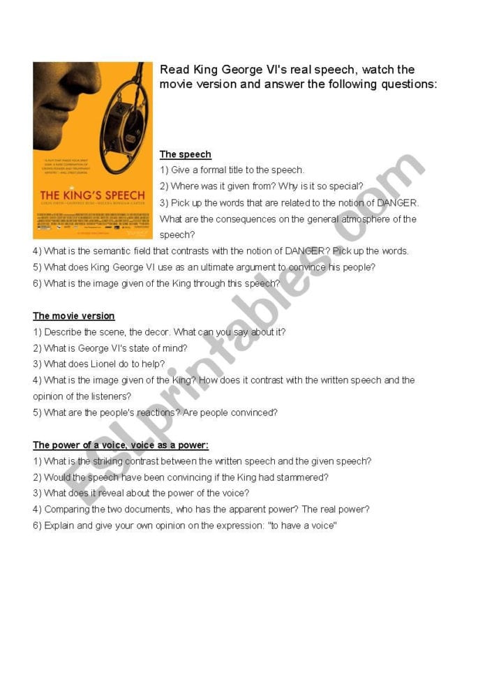 The King´s Speech  A Comparative Analysis  Esl Worksheet