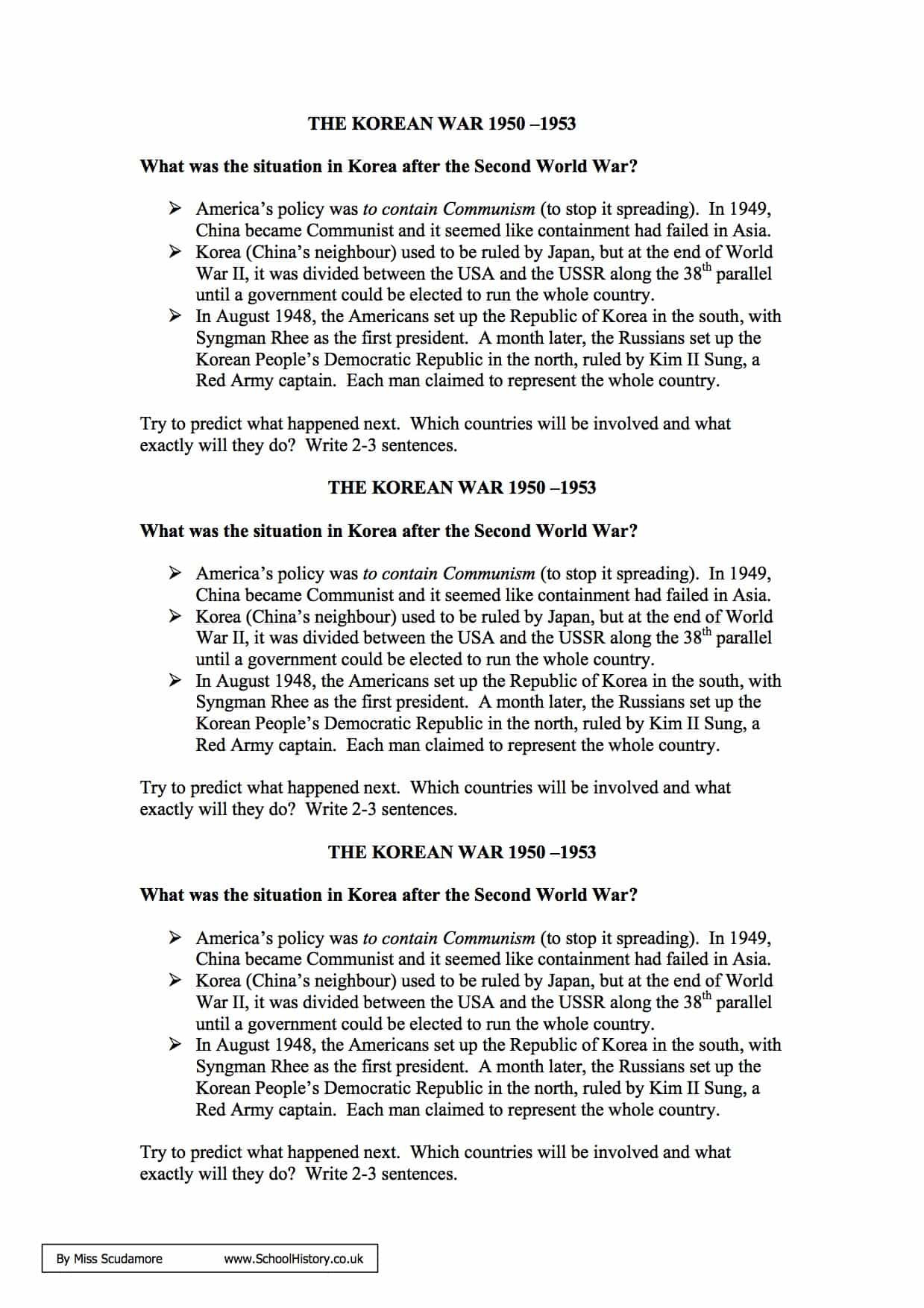The Korean R 19501953 Facts  Information Worksheet  Se