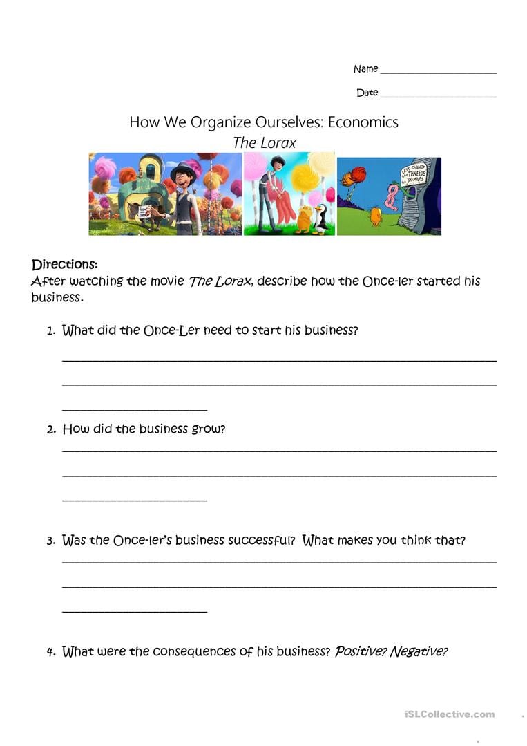 The Lorax  Economic Study  English Esl Worksheets