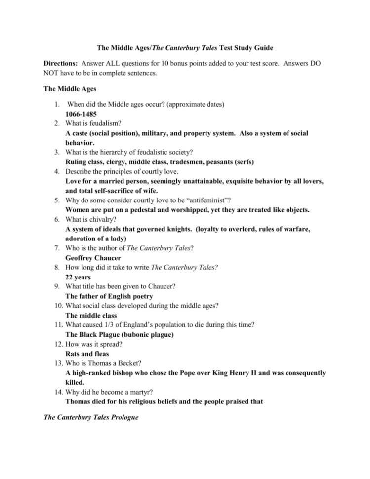 The Middle Agesthe Canterbury Tales Test Study Guide Directions