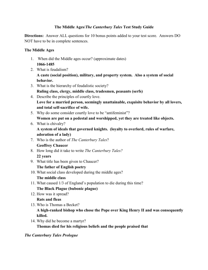 The Middle Agesthe Canterbury Tales Test Study Guide Directions