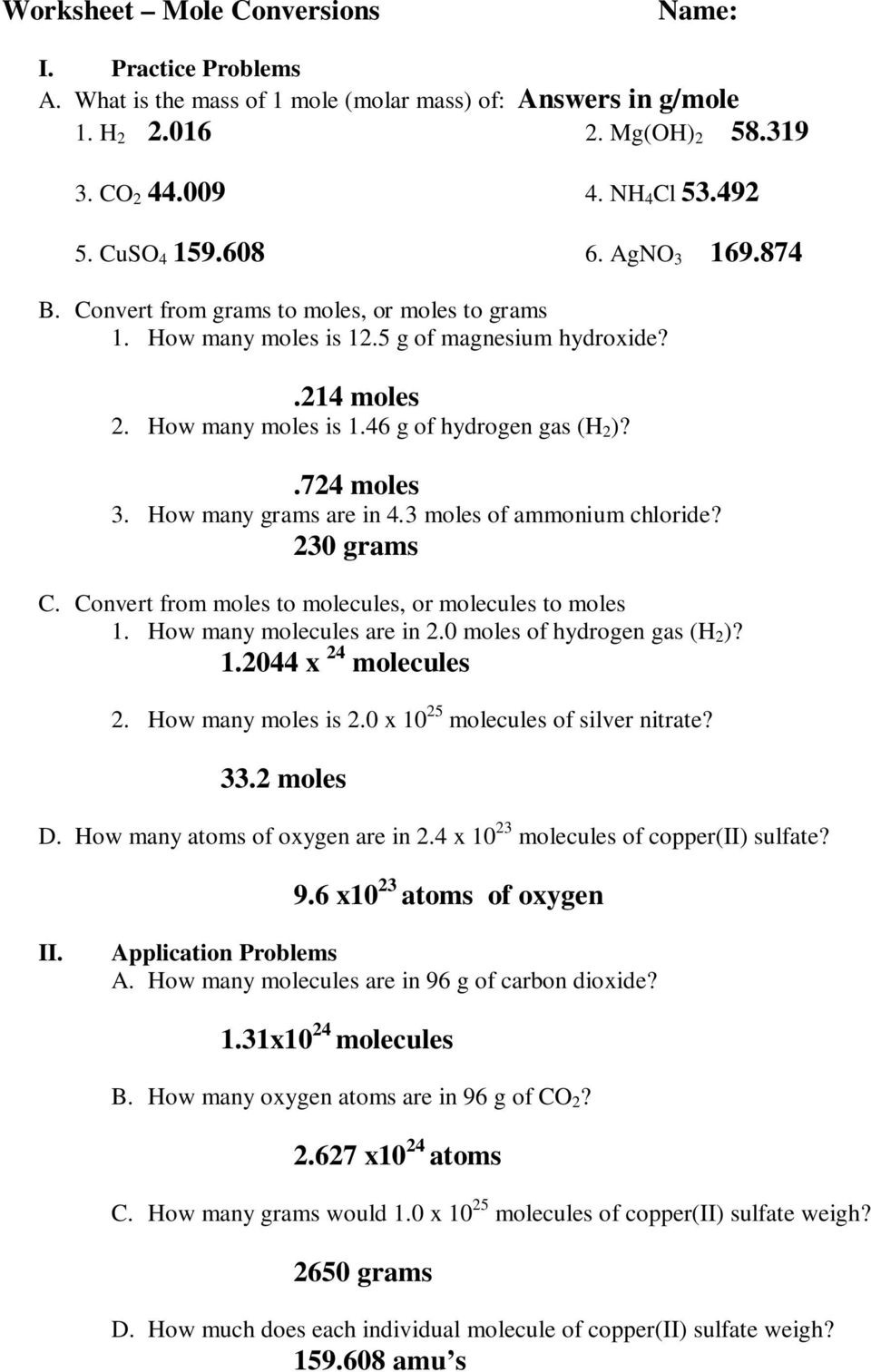 Avogadro S Number Worksheet Answers