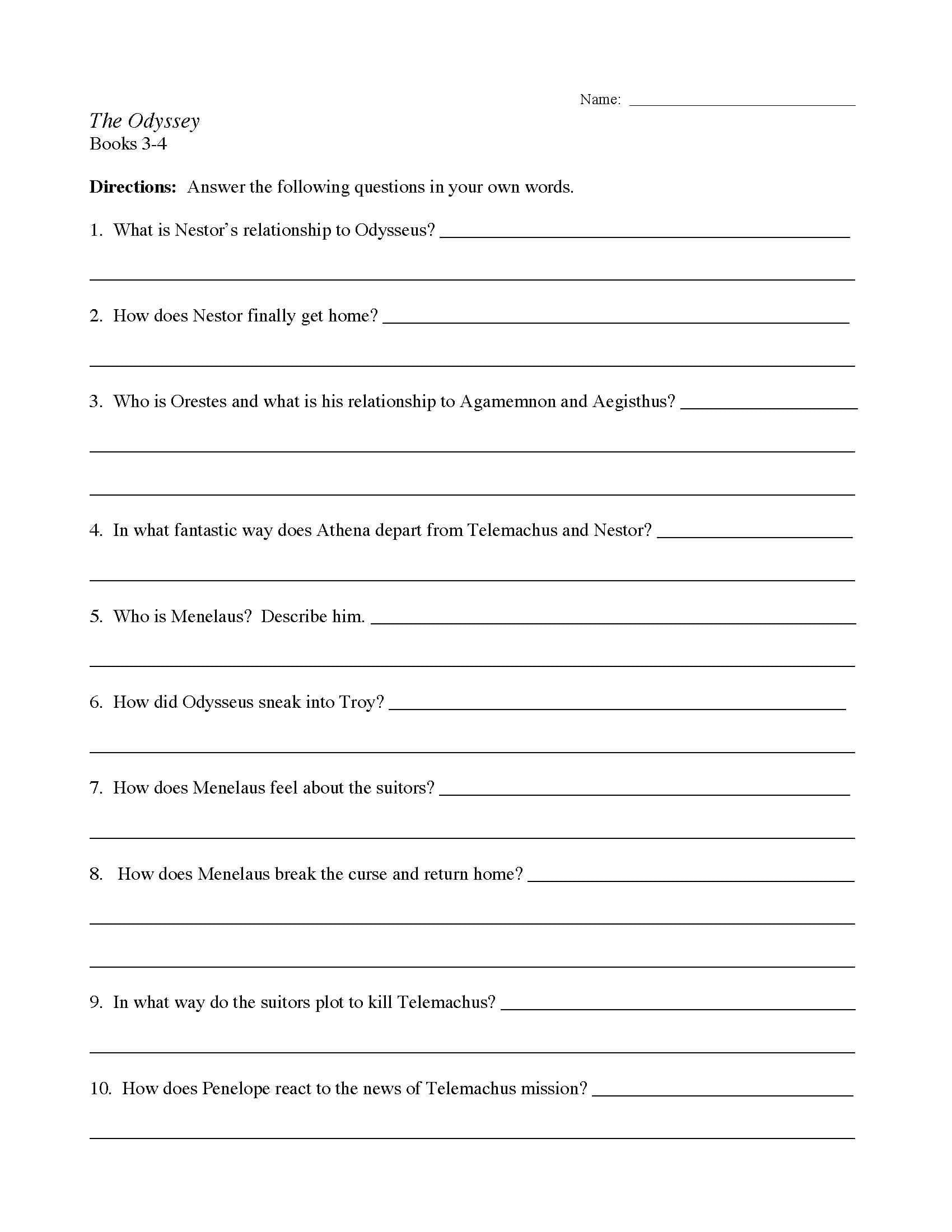 The Odyssey Chapters 34 Worksheet  Preview