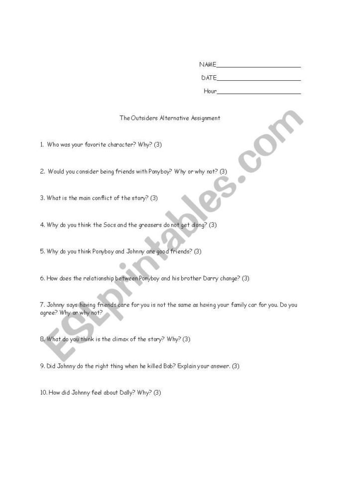 The Outsiders  Alternative To The Moive  Esl Worksheet