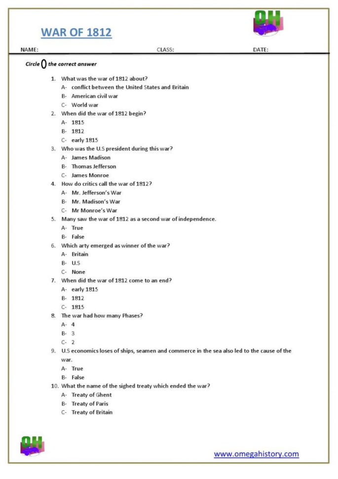 The R Of 1812 History  Free Printable Pdf Worksheet For Kids