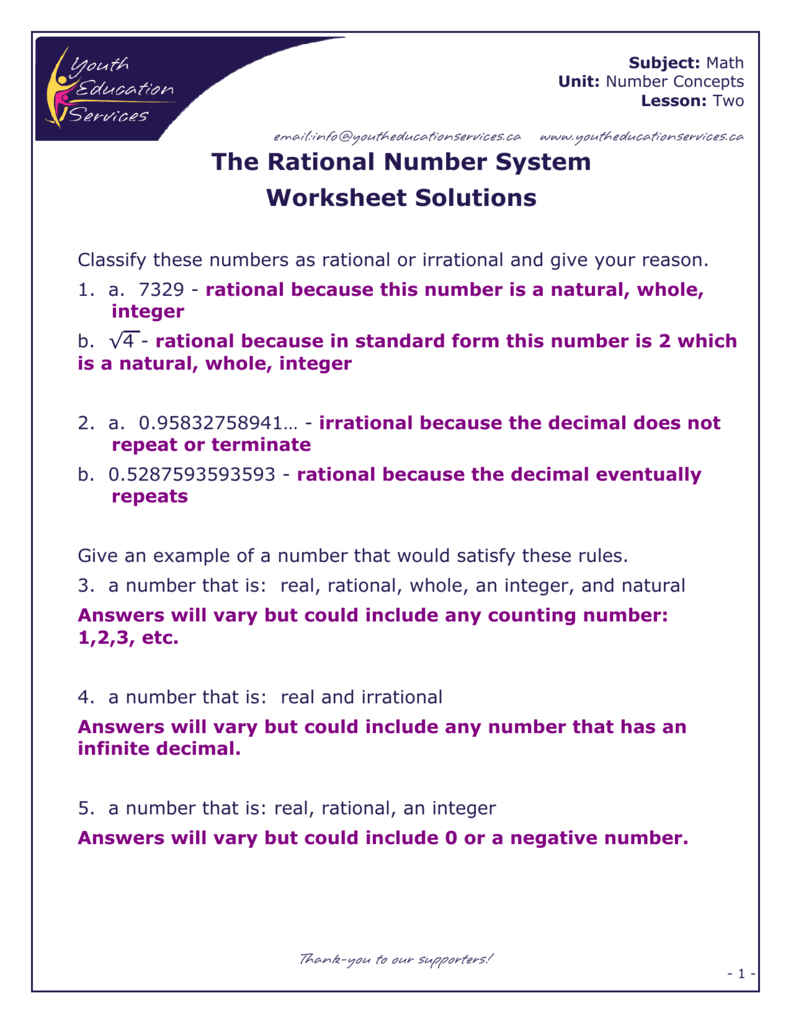 The Rational Number System Worksheet Solutions