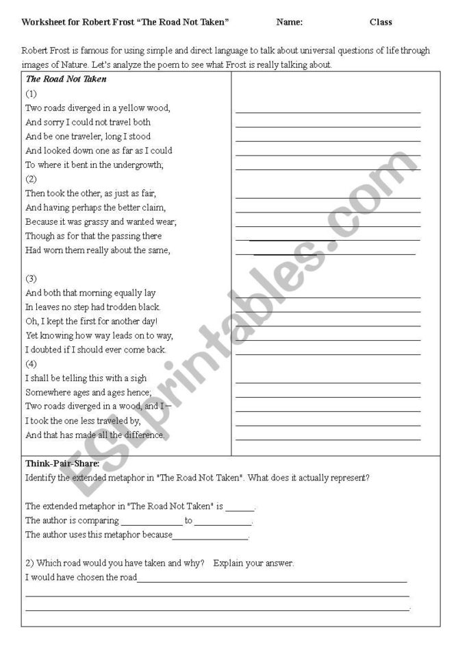 The Road Not Taken Analysis  Esl Worksheetjkronfeld