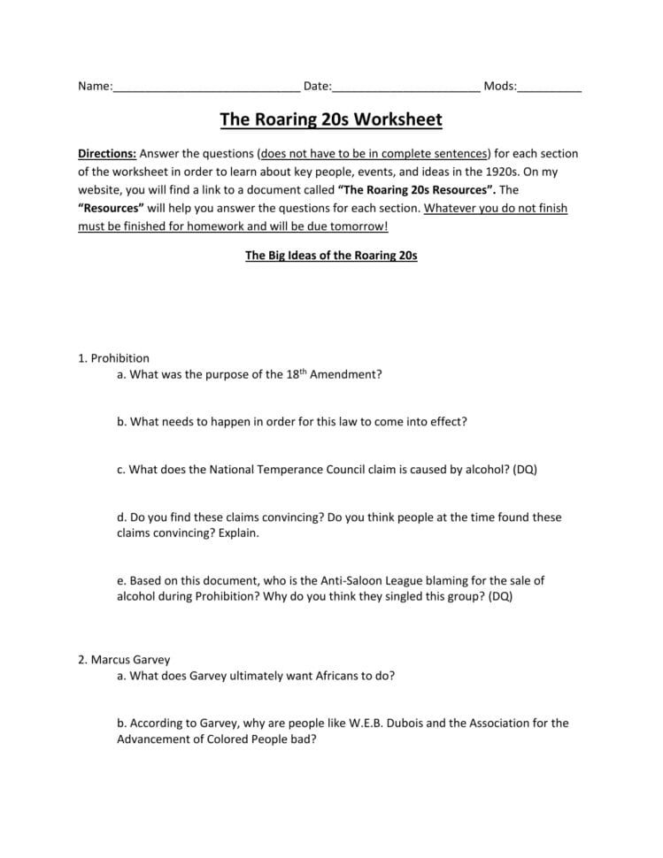 The Roaring Twenties Worksheet Answer Key