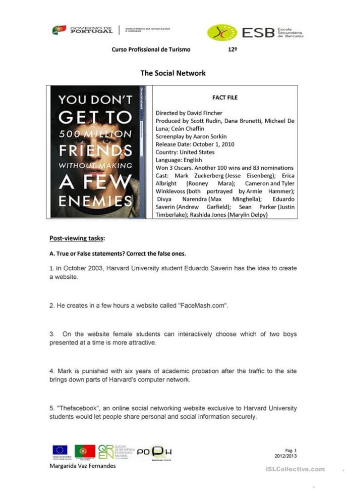 The Social Network  Film Worksheet  English Esl Worksheets