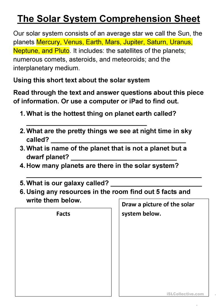 The Solar System Comprehension Sheet  English Esl Worksheets