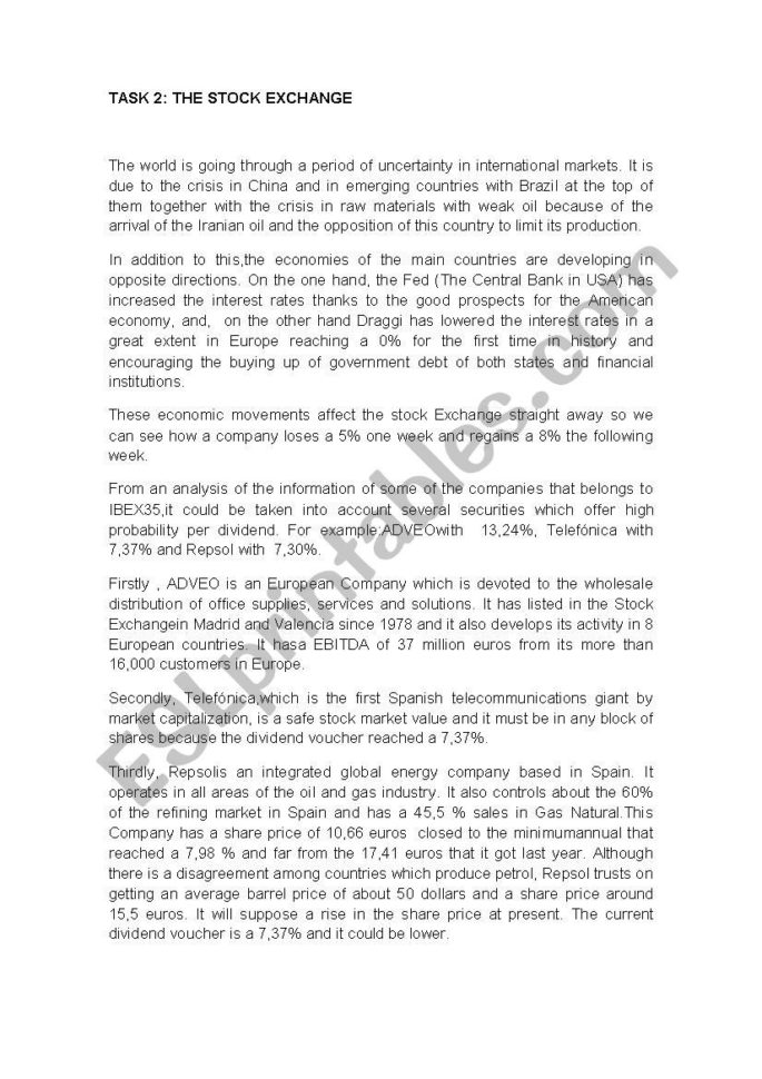 The Stock Exchange  Esl Worksheetinma