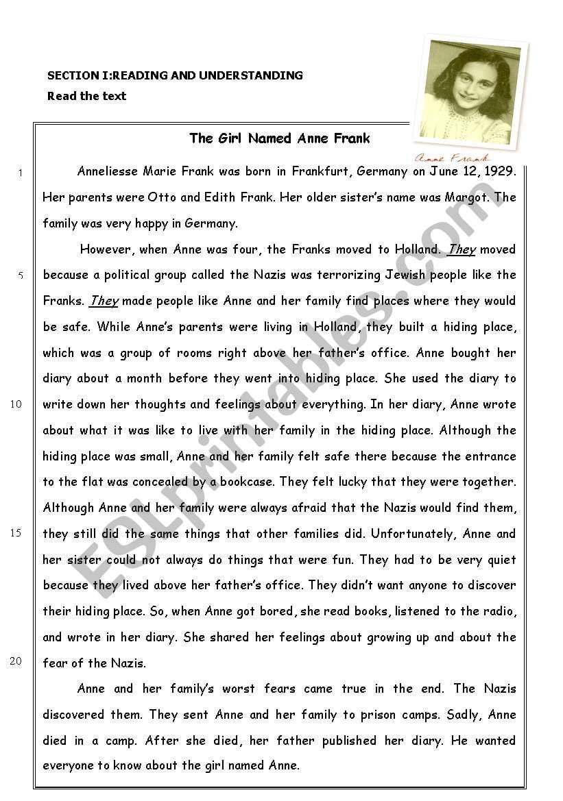 The Story Of Anne Frank Reading Comprehension  Esl