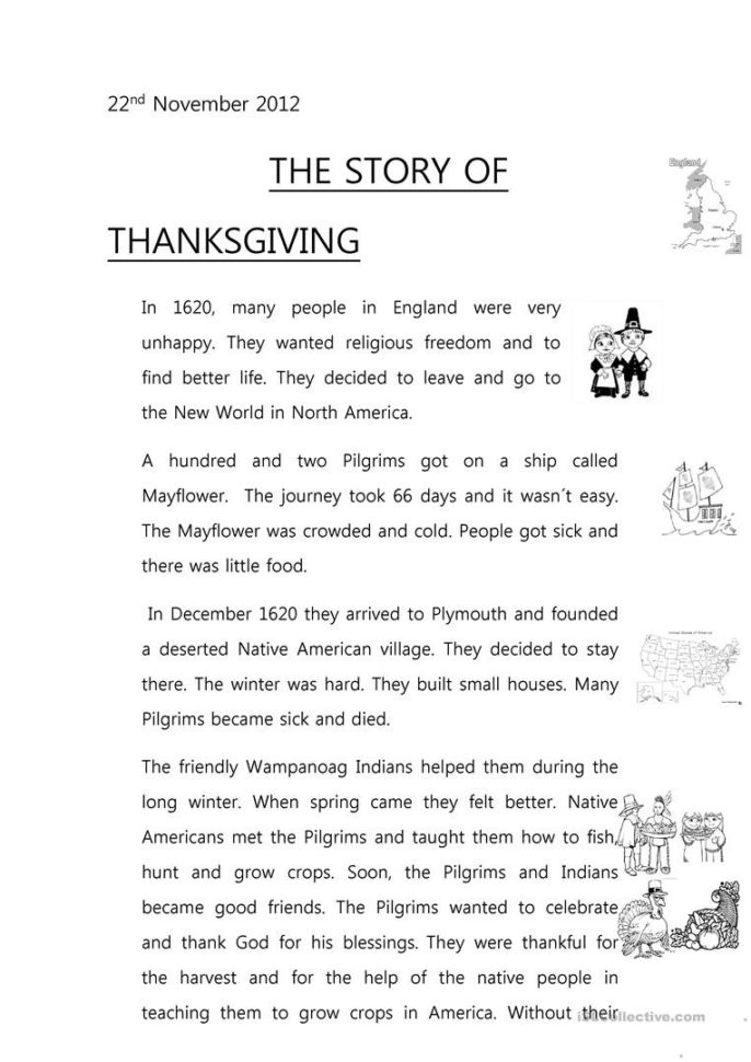 The Story Of Thanksgiving  English Esl Worksheets