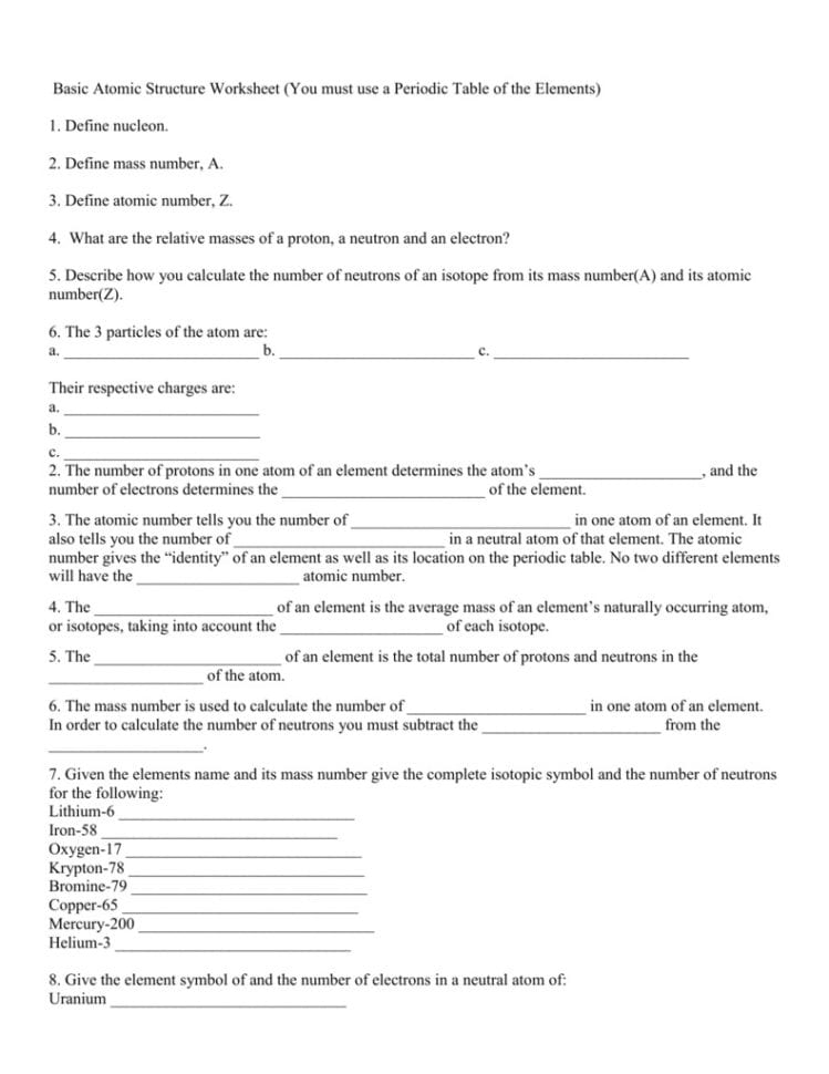 The Structure Of Atoms Worksheet  Soccerphysicsonline