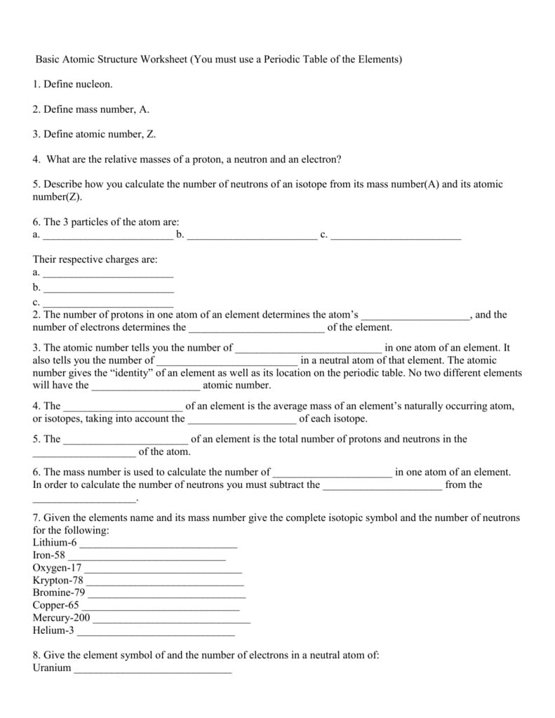 Atomic Structure Worksheet Answers Chemistry Db excel