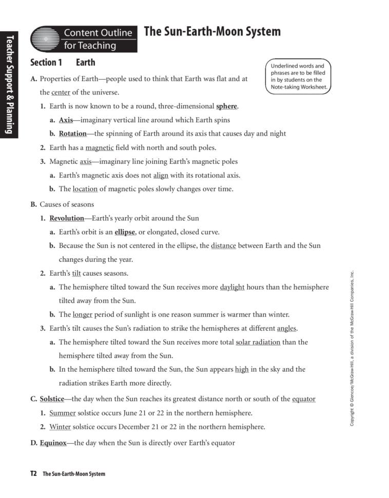 The Sun Earth Moon System Worksheet Answer Key  The Earth