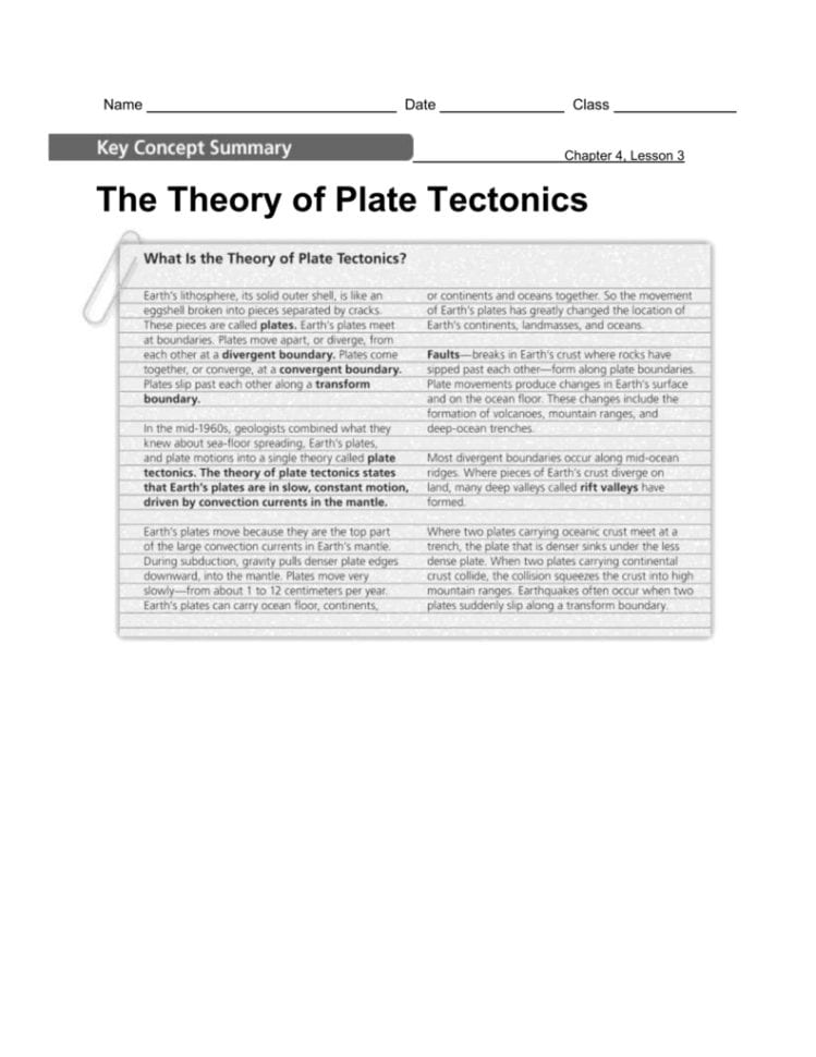 The Theory Of Plate Tectonics C4L3 Key Concept Review Reinforce
