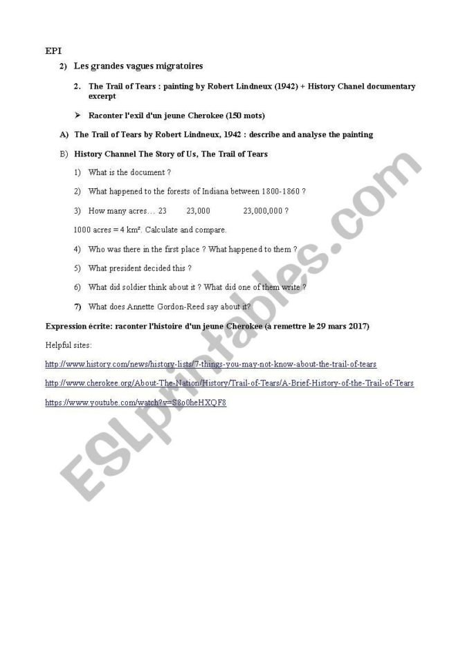 The Trail Of Tears  Esl Worksheetruenglish