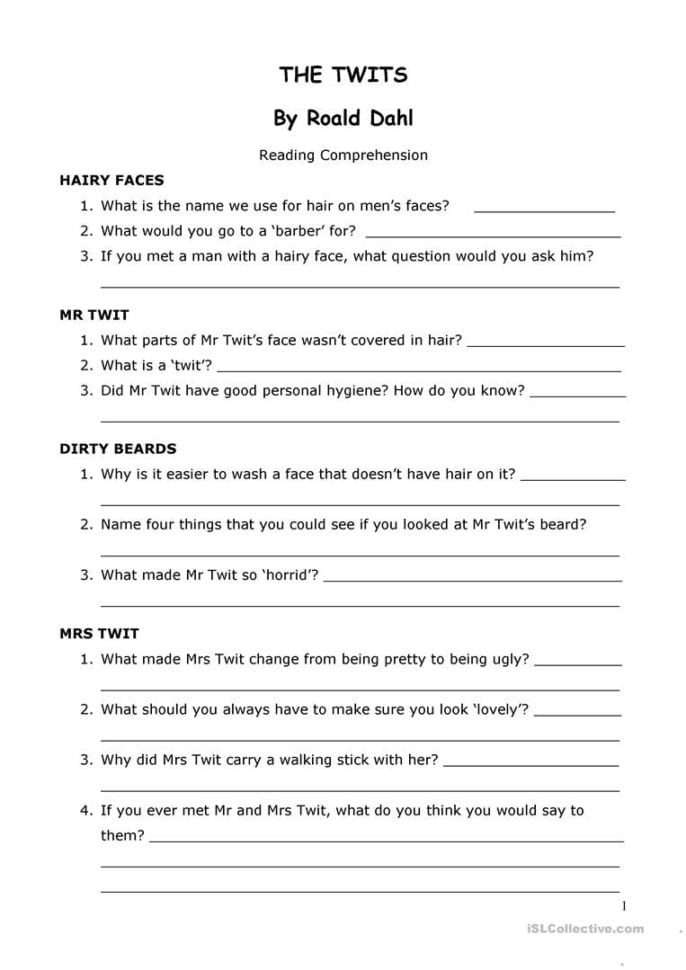 The Twits'roald Dahl Reading Comprehension  English Esl