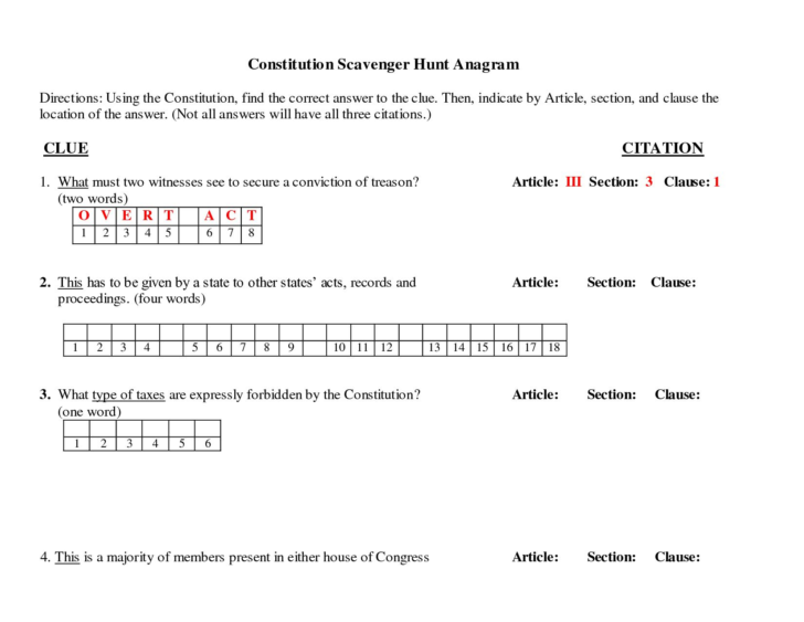 Constitution Scavenger Hunt Worksheet Answer Key