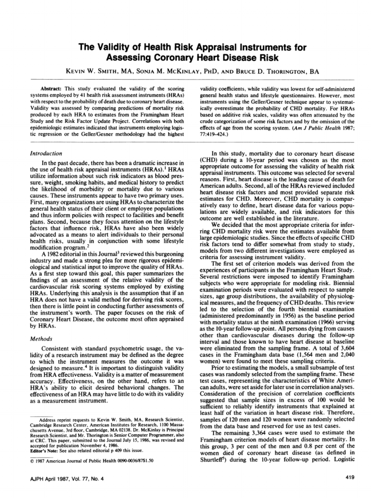 The Validity Of Health Risk Appraisal Instruments For