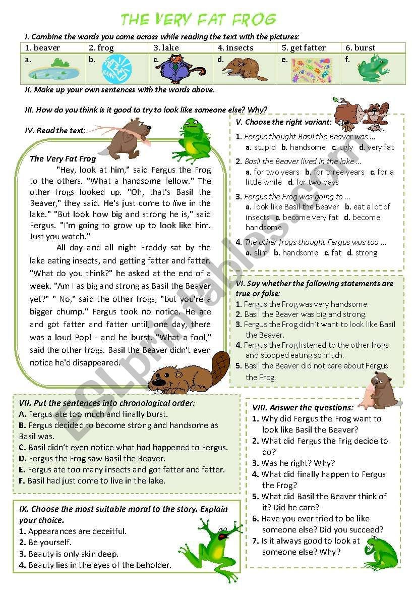 The Very Fat Frog  Reading Comprehension  Esl Worksheet